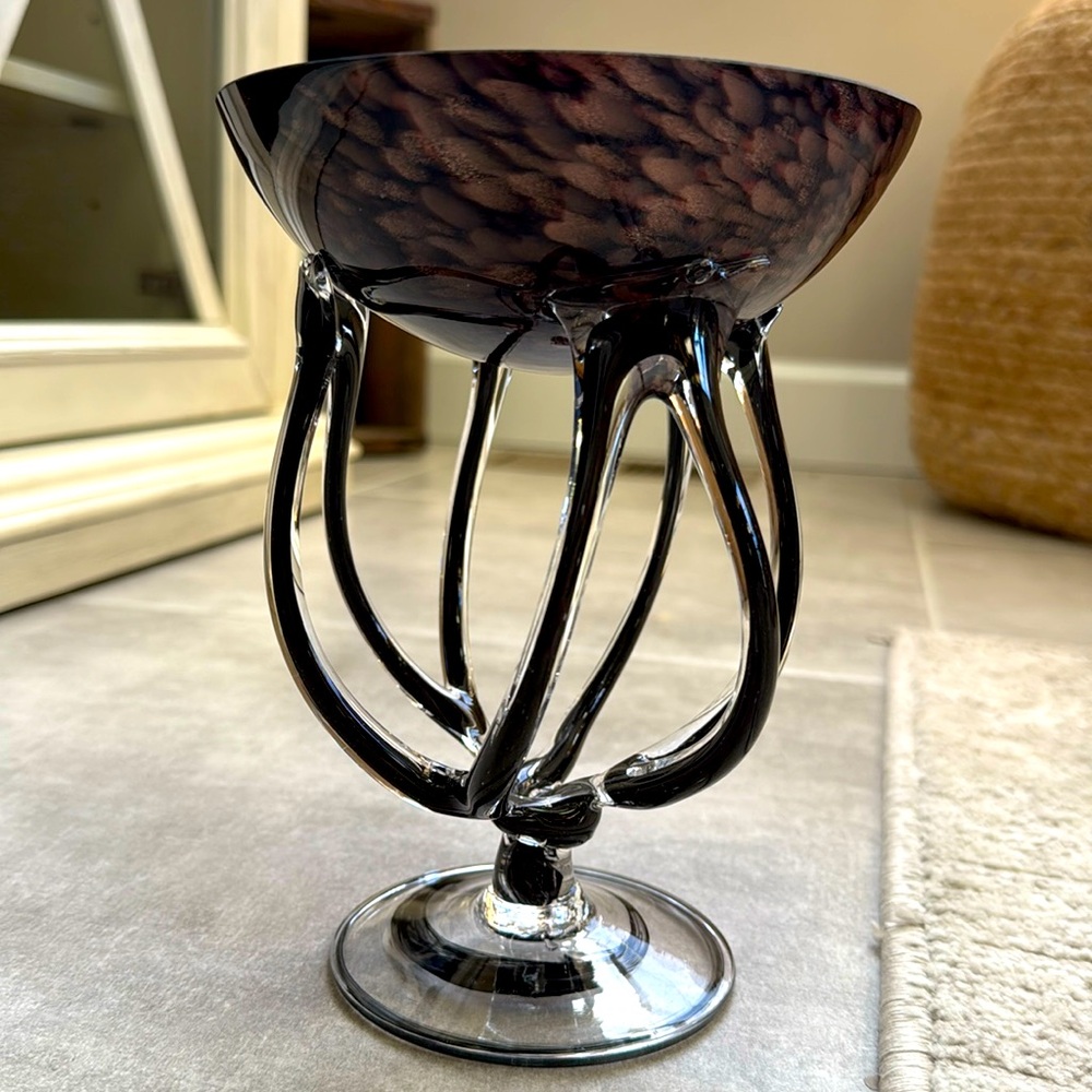 Black and Brown Wanky Glass Reversible Bowl/ Candle Holder - Excellent Condition